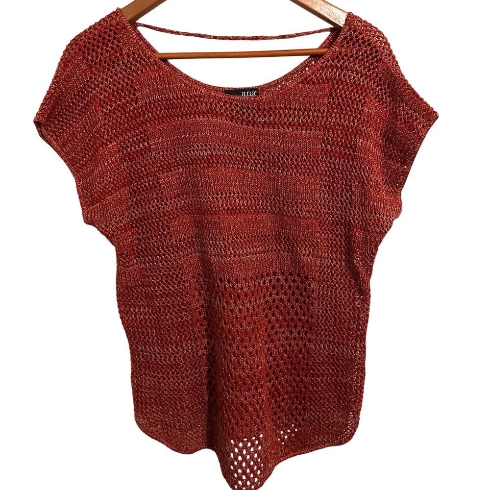 a.n.a Short-Sleeved Open Weave Orange Sweater Scoop Neck Women's size Medium